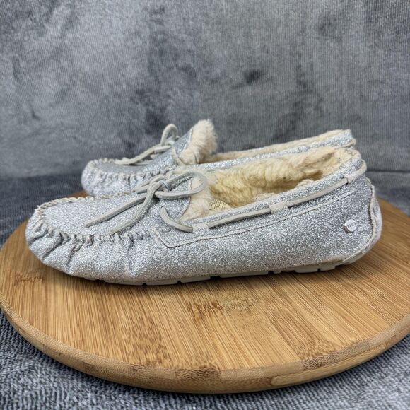 UGG Shoes Womens Size 6 Silver Glitter Moccasin Slippers Shearling W 1100178 - Picture 3 of 11